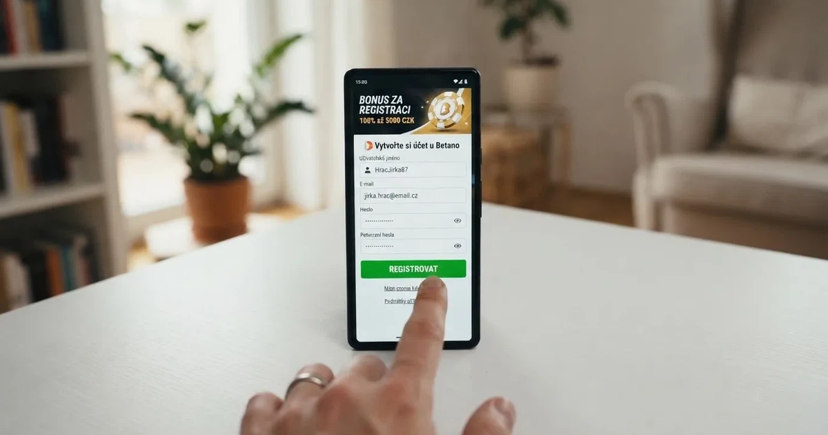 Mobilní telefon zobrazující registrační formulář českého online casina s nabídkou bonusu za registraci