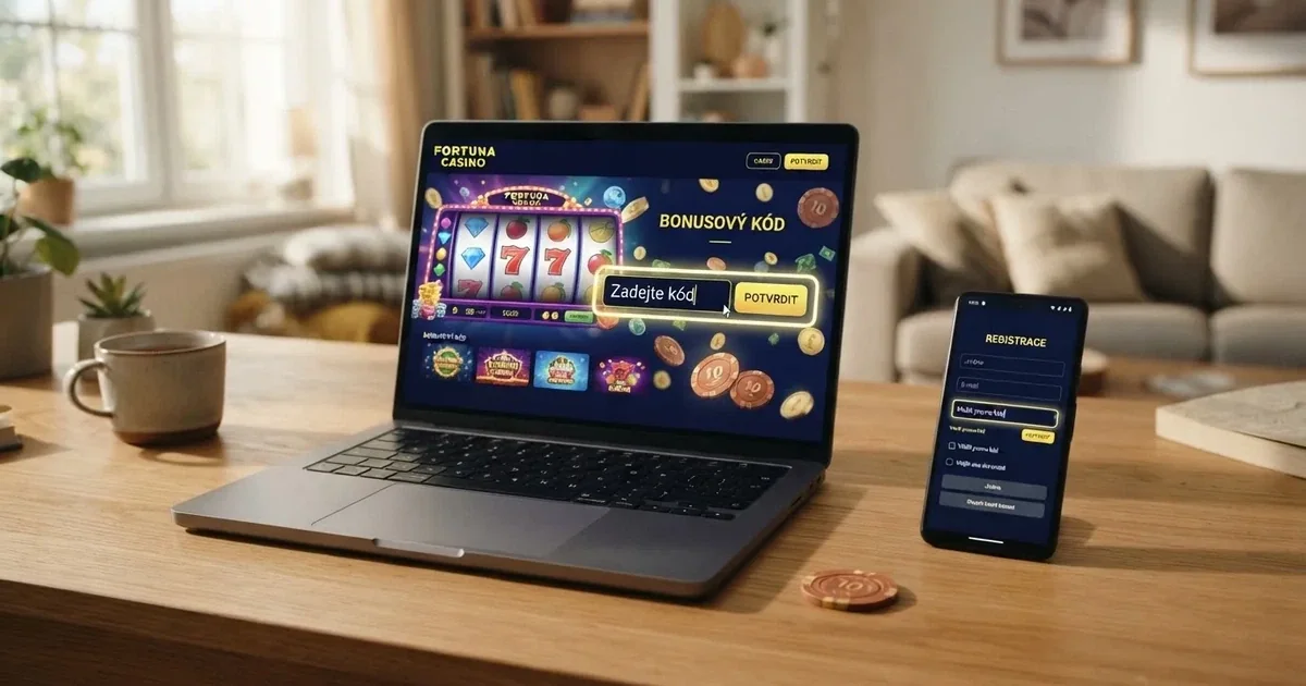 Přehled casino promo kódů na obrazovce notebooku vedle registračního formuláře českého licencovaného casina