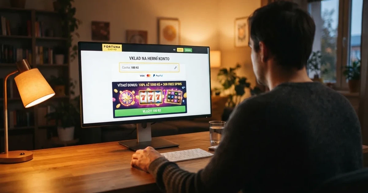 Hráč u monitoru vybírá výši vkladu 100 Kč na stránce online casina, vedle zobrazené bonusové nabídky