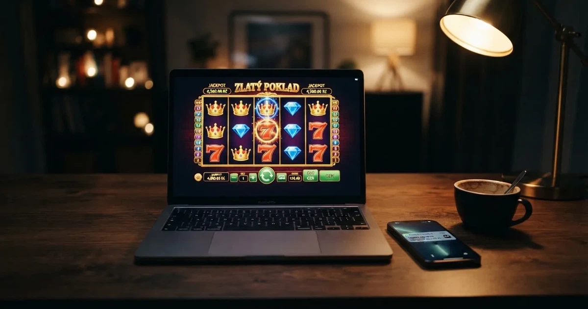Online casino na obrazovce notebooku s mobilem zobrazujícím notifikaci o připsané výplatě