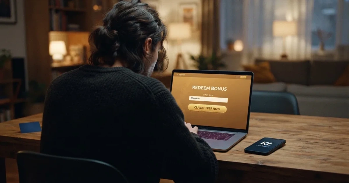 Hráč zadává promo kód na obrazovce online kasina na notebooku, vedle leží platební karta a mobilní telefon s otevřenou aplikací kasina