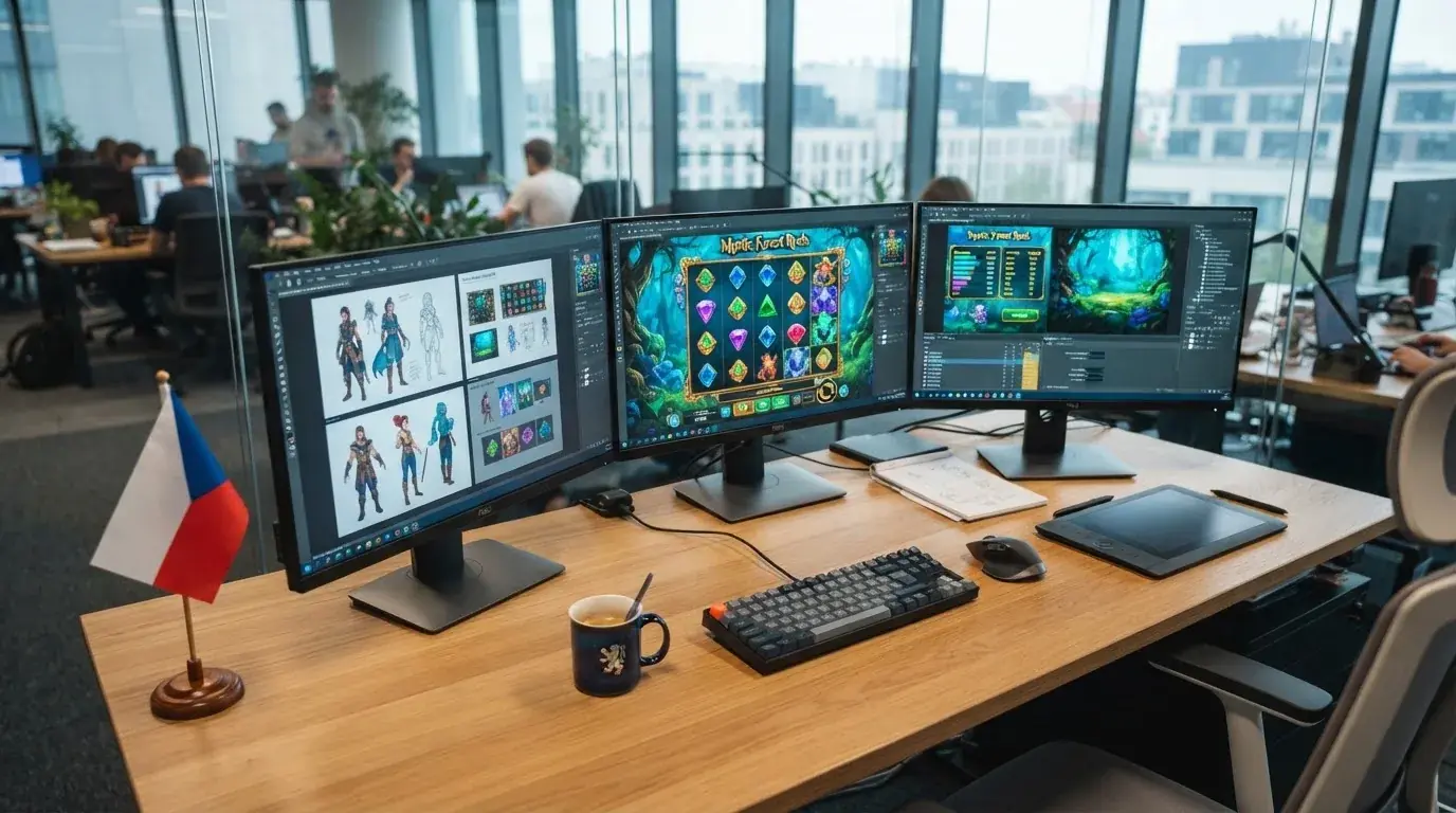 Loga a vlajky českých vývojářských studií — Apollo Games, SYNOT, Kajot, Tom Horn, Tech4Bet — seřazená podle velikosti