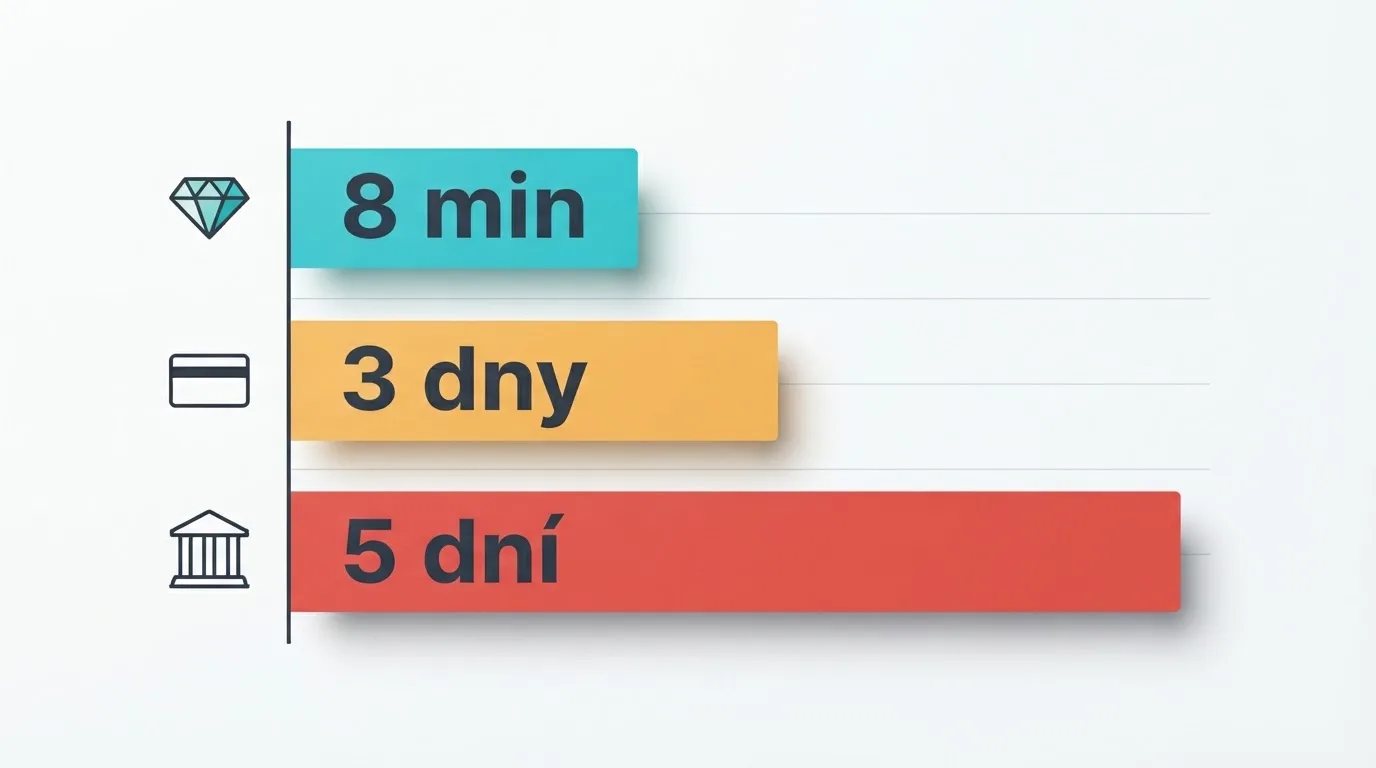 Vizualizace porovnávající dobu transakce — ethereum 8 minut, platební karta 3 dny, bankovní převod 5 dní
