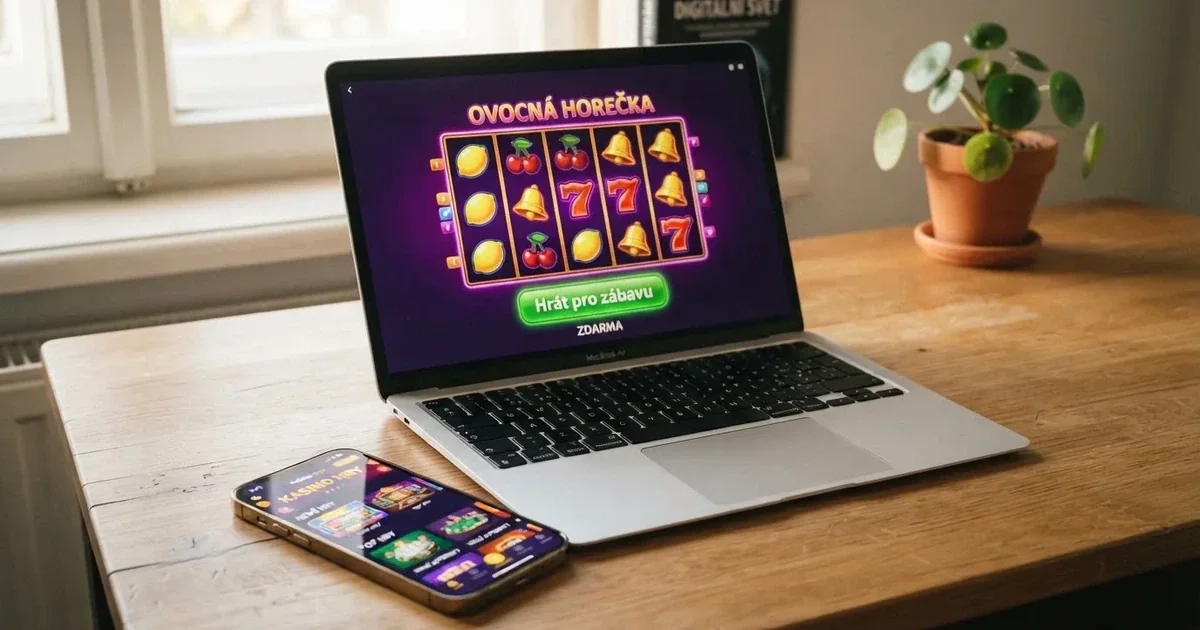 Herní automat na obrazovce notebooku s viditelným tlačítkem „Hrát pro zábavu“, vedle něj mobilní telefon s otevřenou casino aplikací