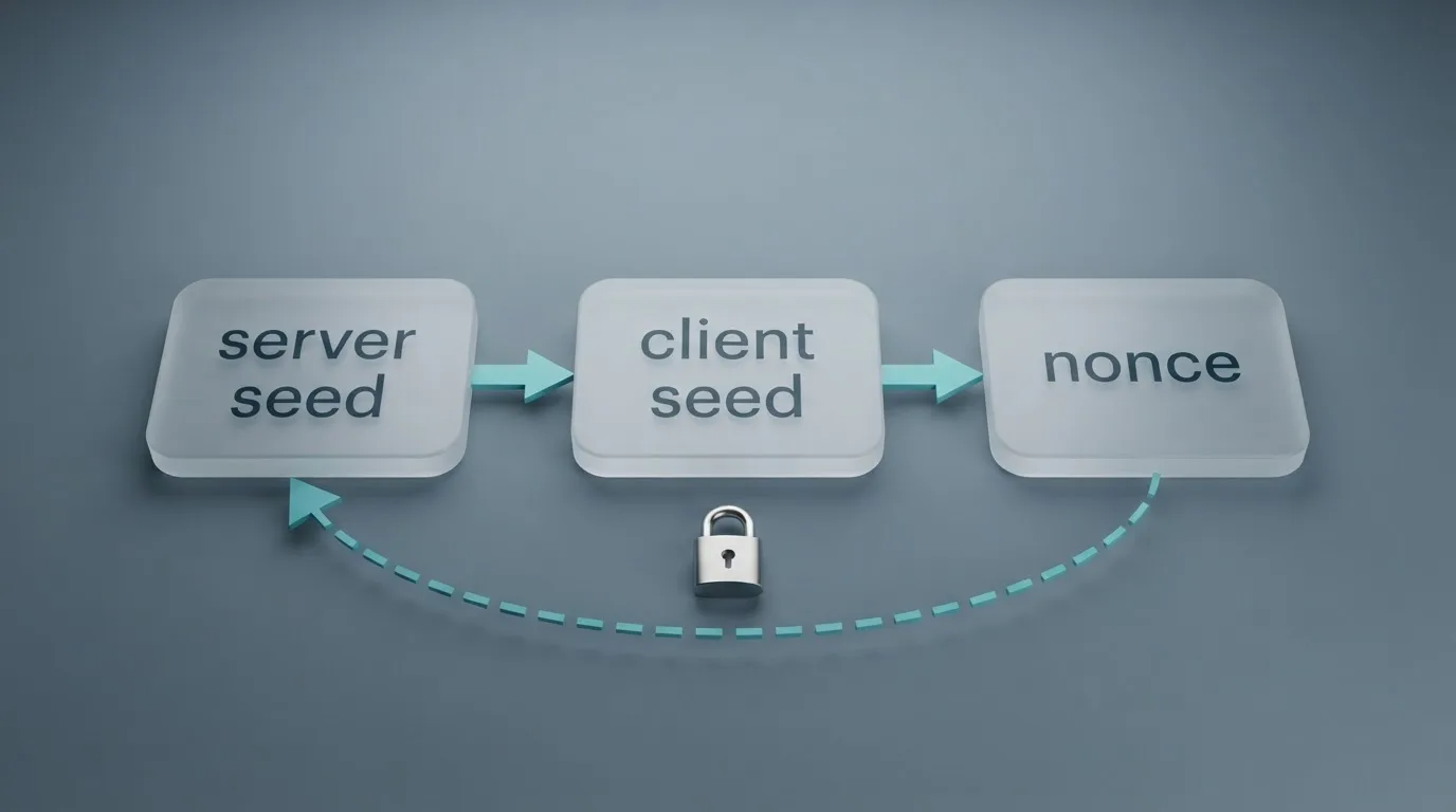 Schéma tří prvků provably fair: server seed, client seed a nonce s vyznačením směru ověření