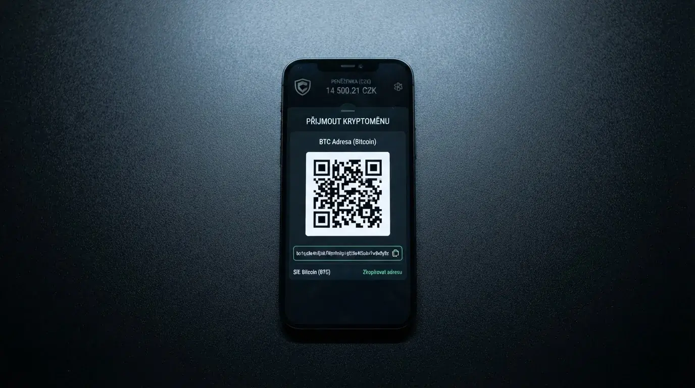 Mobilní telefon s otevřenou kryptoměnovou peněženkou, na displeji adresa pro vklad do casina a QR kód