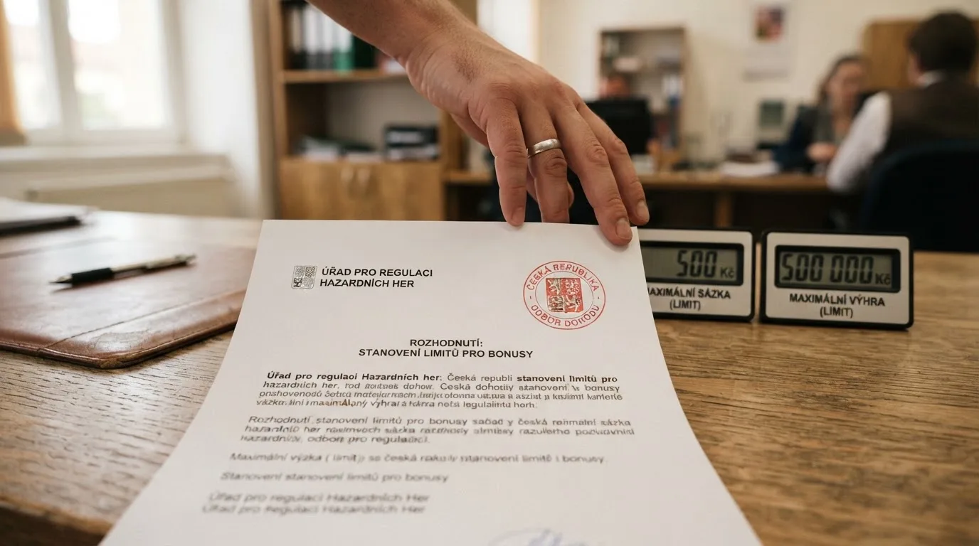 Dokument s razítkem Ministerstva financí ČR vedle zobrazení herních limitů — maximální sázka 500 Kč a maximální výhra 500 000 Kč