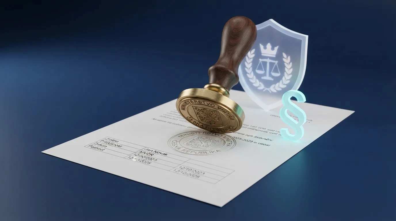 Úřední dokument s razítkem a symbol paragrafu — ilustrace právní regulace online hazardu v Česku