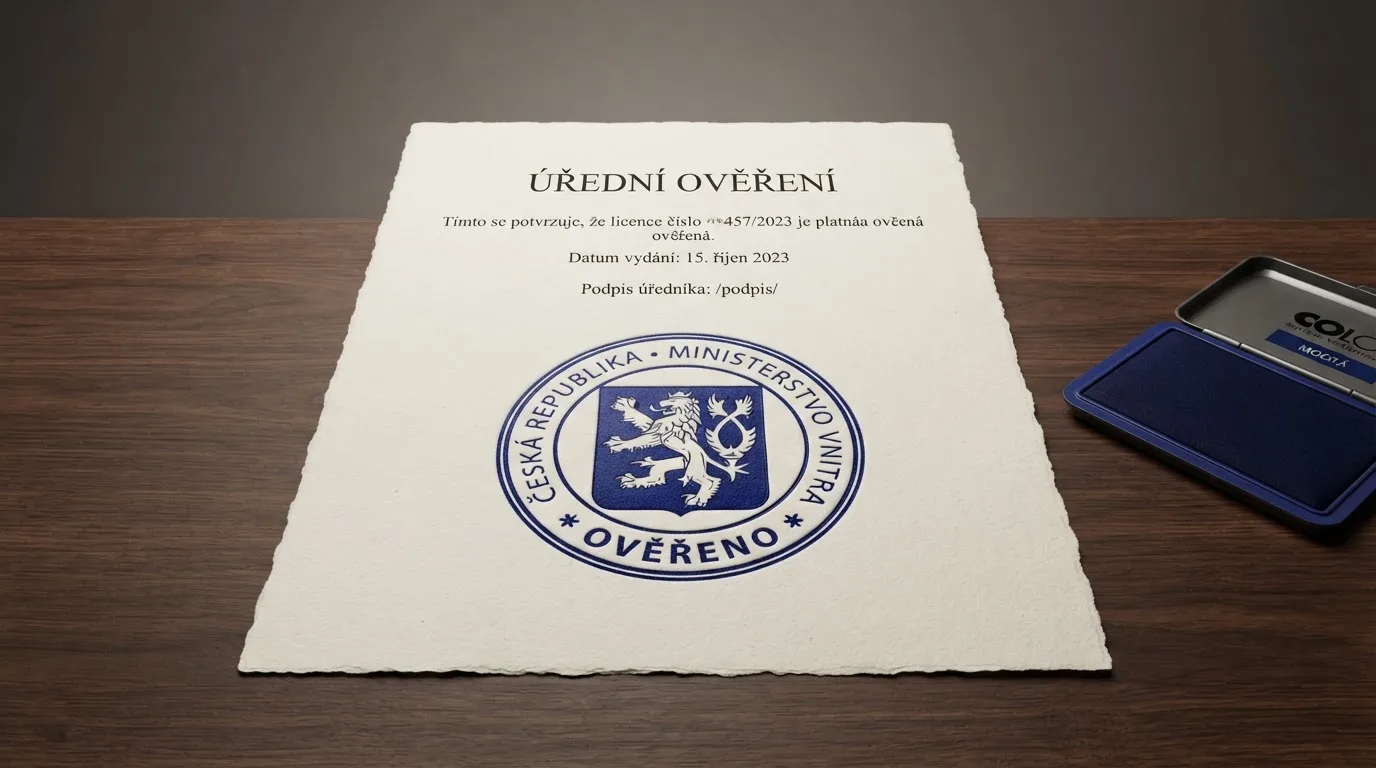 Úřední razítko Ministerstva financí ČR vedle dokumentu základního povolení