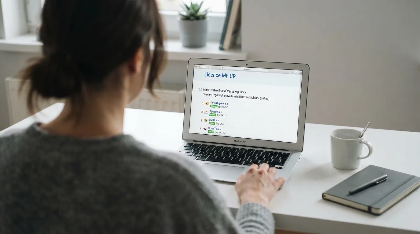 Úřední dokument s logem Ministerstva financí ČR a razítkem, v pozadí obrazovka s webem online casina zobrazujícím licenční údaje v patičce.