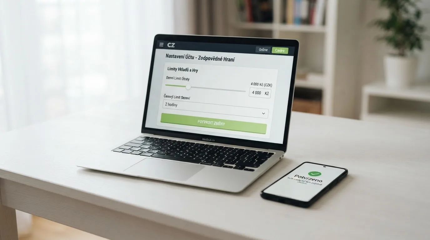 Úřední dokument s logem Ministerstva financí ČR a razítkem vedle obrazovky s otevřeným online casinem — na obrazovce viditelná ikona licence a pole pro nastavení herních limitů