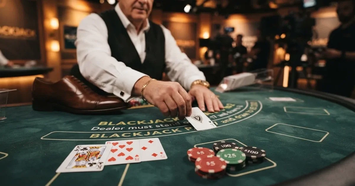 Živý krupiér rozdává karty z blackjackového shoe ve studiu nasvíceném pro video přenos, na stole leží rozložené karty a barevné žetony