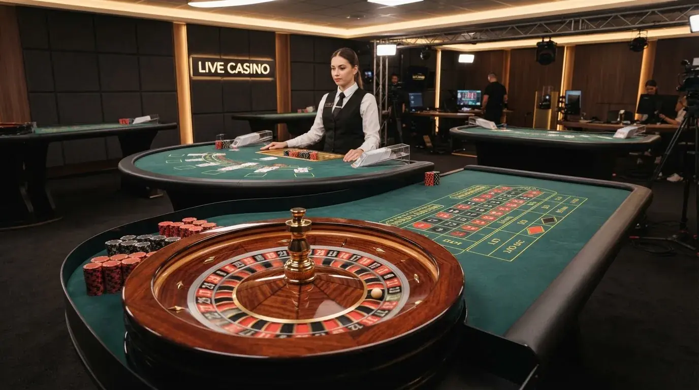 Rozložení live casina s ruletovým kolem, blackjackovým stolem a krupiérem v akci
