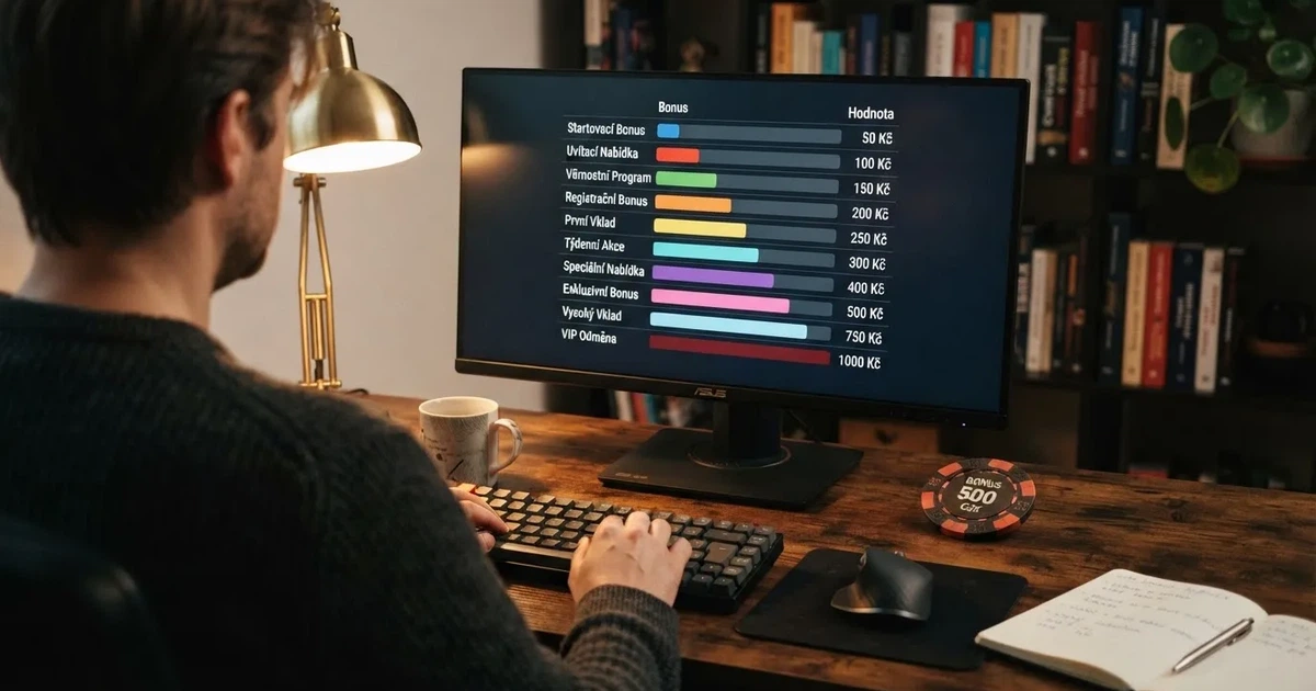 Srovnávací tabulka deseti českých online casin s bonusy bez vkladu na obrazovce monitoru, vedle ní platební karta a občanský průkaz jako symbol ověření identity.