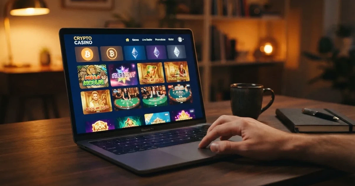 Rozhraní krypto kasina s viditelnou nabídkou her, podporovanými kryptoměnami a informací o licenci