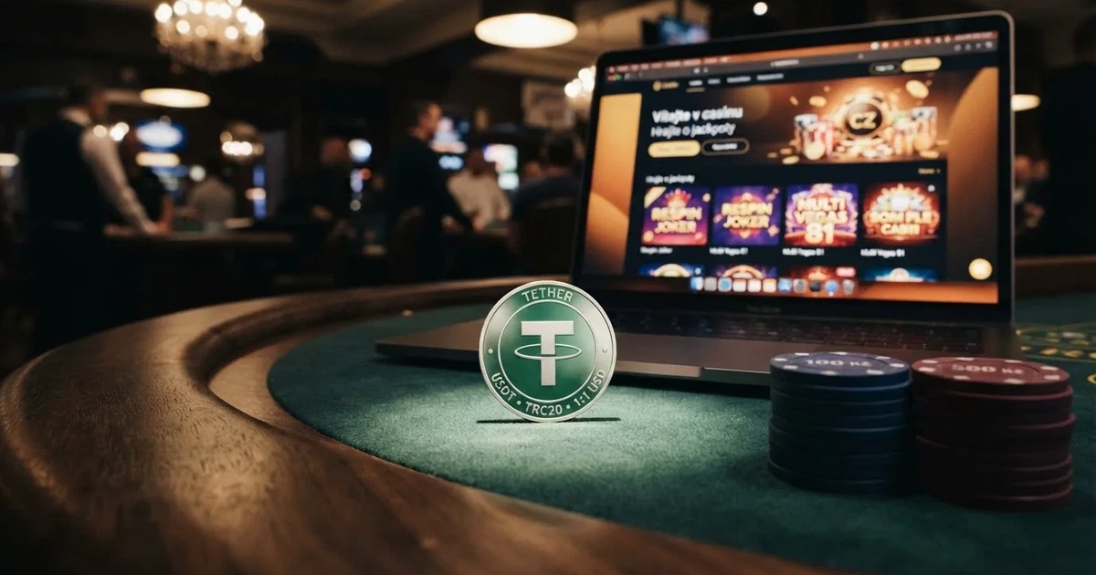 Mince Tether USDT na pozadí online kasina s českým rozhraním a kursovním přepočtem na koruny