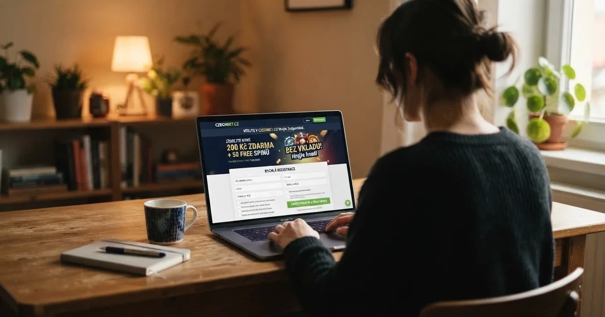 Hráč u notebooku prohlíží nabídku uvítacího bonusu na obrazovce českého online casina, v popředí registrační formulář