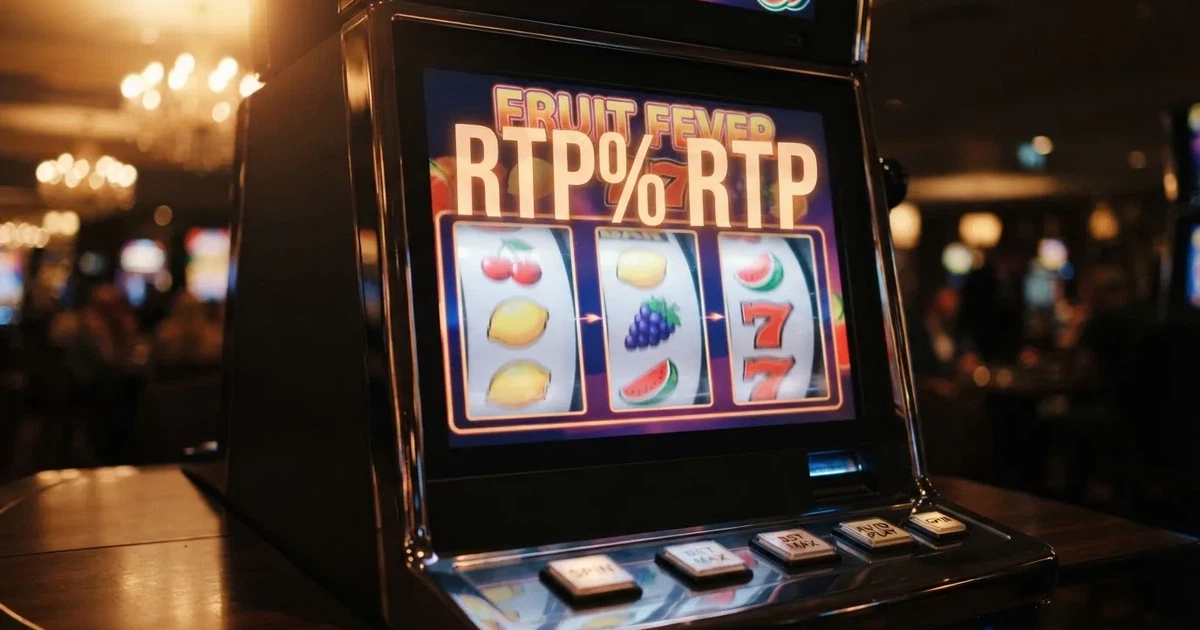 Herní automat s barevnými válci a symbolem RTP v popředí