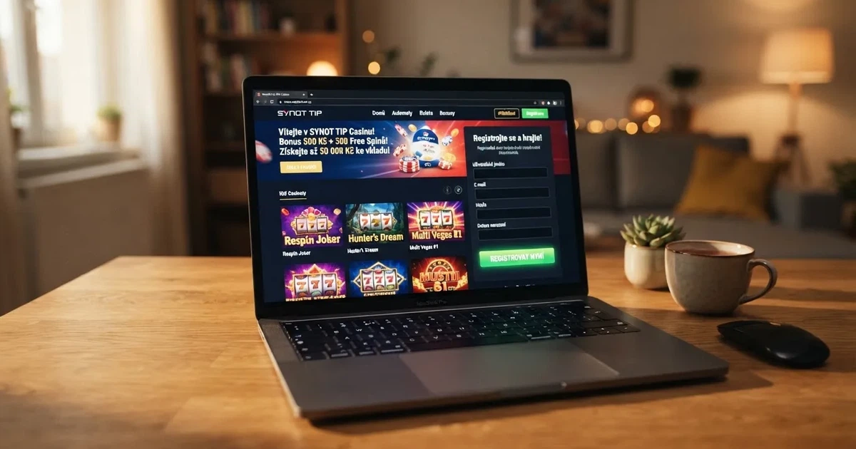 Rozhraní nového českého online casina s viditelnou registrací, nabídkou her a českým jazykovým rozhraním