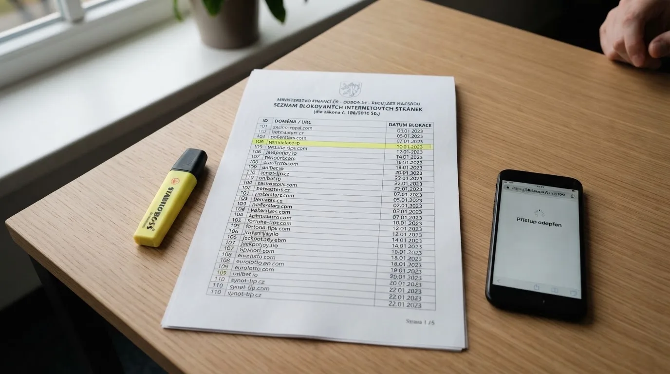 Výřez ze Seznamu nepovolených internetových her MF ČR s viditelnými doménami krypto kasin