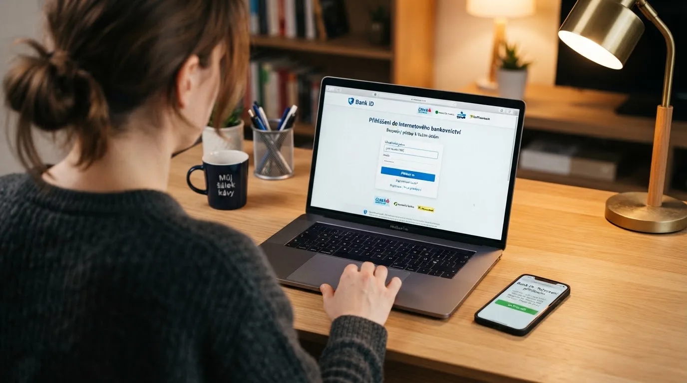 Ověření totožnosti v online casinu přes Bank iD — obrazovka počítače s přihlašovací stránkou internetového bankovnictví a logem Bank iD, vedle mobil s potvrzovacím dialogem