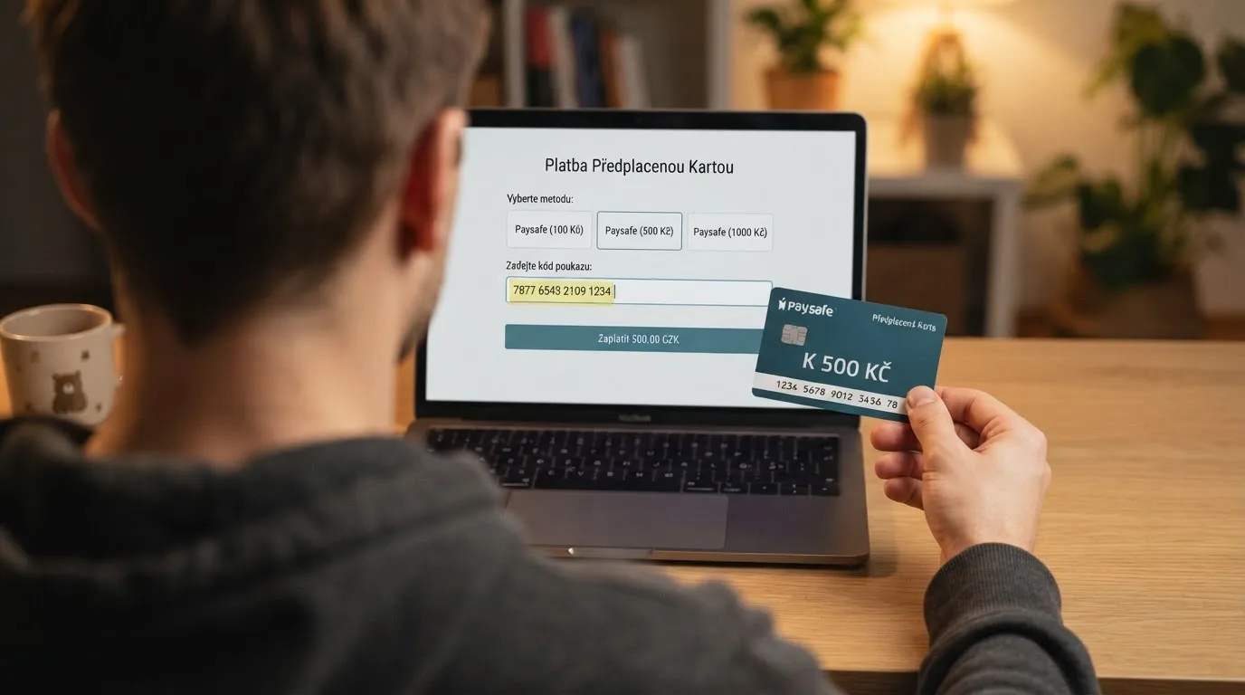 PaysafeCard voucher v ruce před obrazovkou s výběrem platební metody v online casinu — na obrazovce viditelné logo PaysafeCard a pole pro zadání kódu