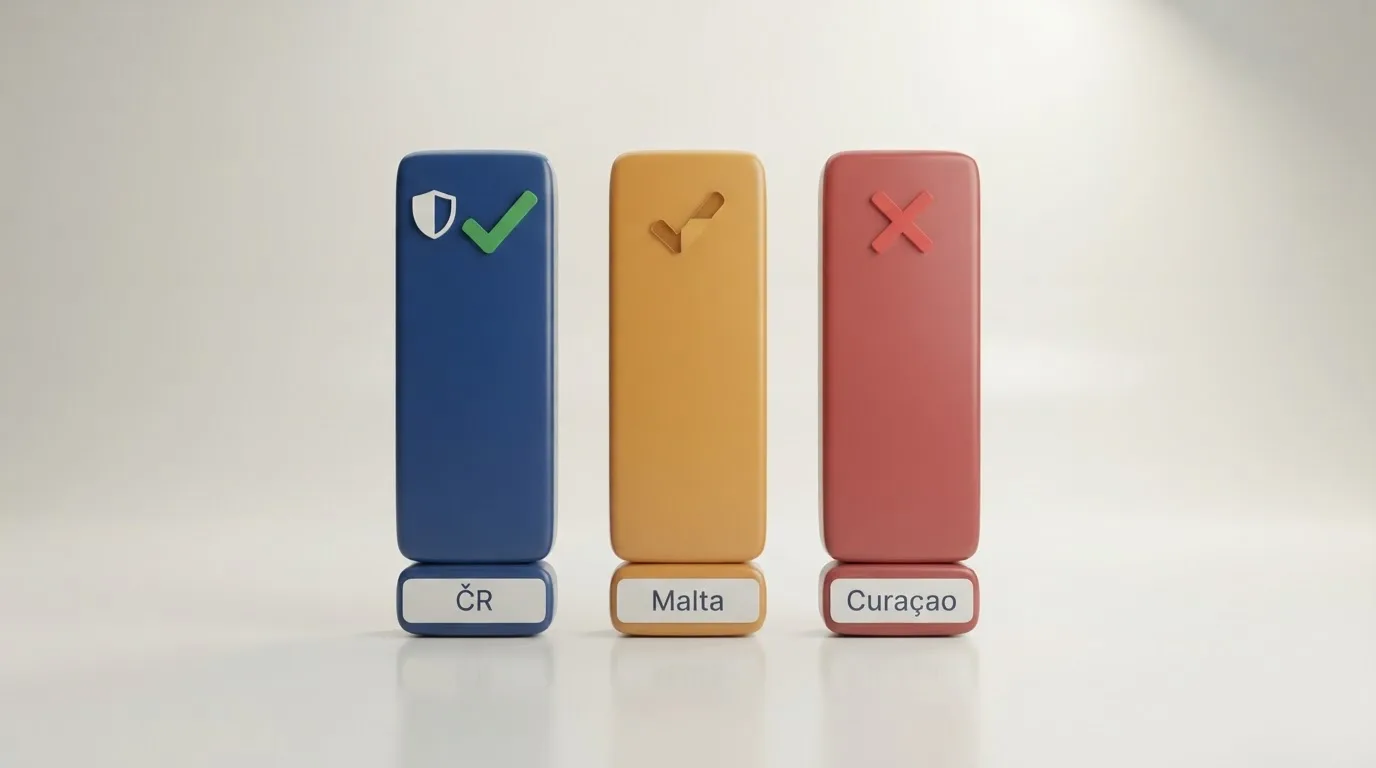 Tři sloupce licenčních režimů (ČR, Malta, Curaçao) s vyznačením, co který hráči skutečně poskytuje — RVO, daňový doklad, řešení sporů