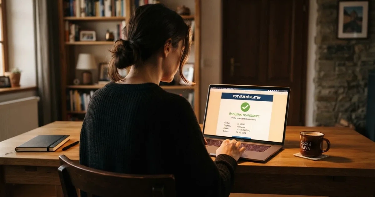 Hráč u notebooku s otevřeným bankovnictvím, na obrazovce potvrzení o přijaté platbě z online casina