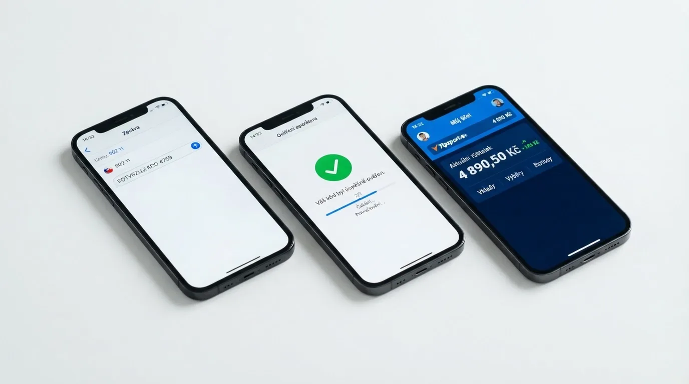 Sekvence tří obrazovek mobilního telefonu: odeslání Premium SMS, potvrzení platby operátorem a připsání kreditu na herní konto