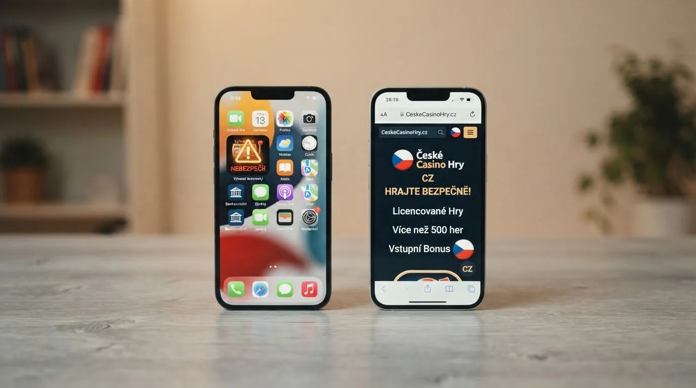 Mobilní telefon s výstražným znakem u ikony podezřelé casino aplikace a vedle něj týž telefon s otevřeným webem licencovaného casina v prohlížeči