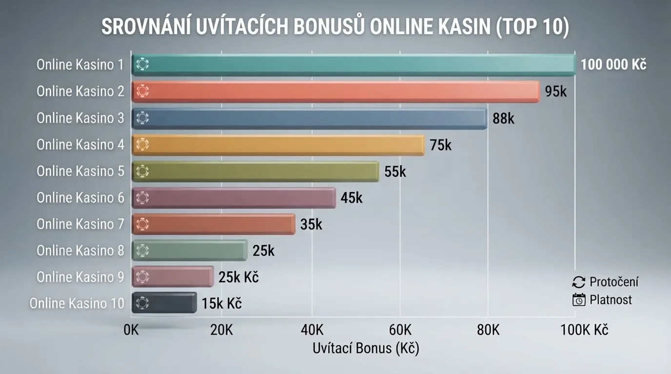 Tabulka s přehledem uvítacích bonusů, protočení a herní nabídky napříč deseti operátory