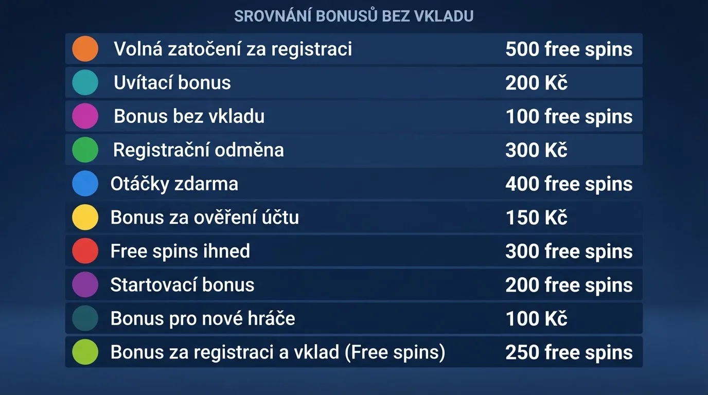 Srovnávací tabulka deseti českých casin s logy operátorů a shrnutím jejich registračních bonusů bez vkladu