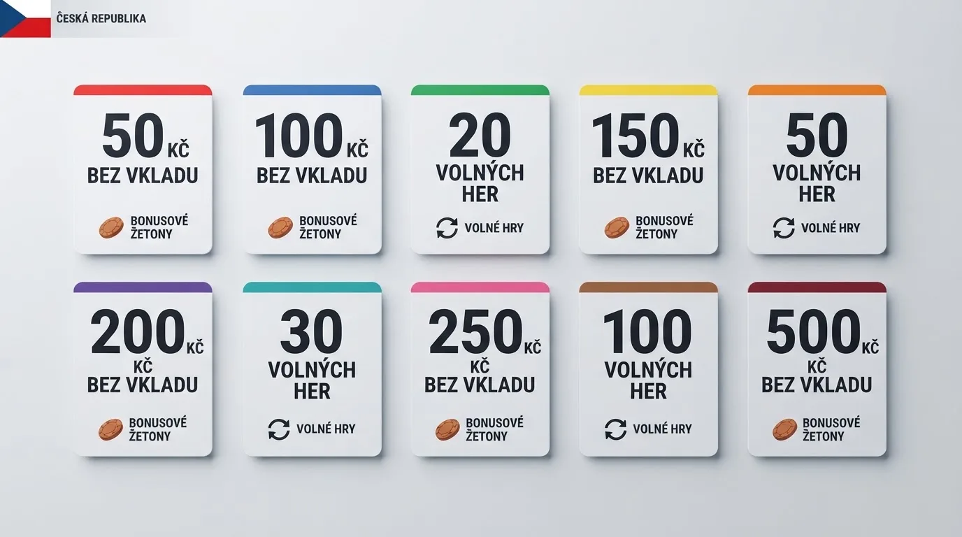 Srovnávací přehled karet deseti českých online casin s vyznačenými hodnotami bonusů bez vkladu, licenčními čísly a symboly pro typ nabídky