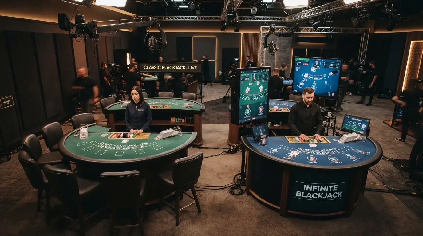 Koláž log a snímků obrazovek live blackjackových stolů předních českých operátorů — různé varianty stolů od klasického sedmimístného po Infinite s neomezeným počtem hráčů