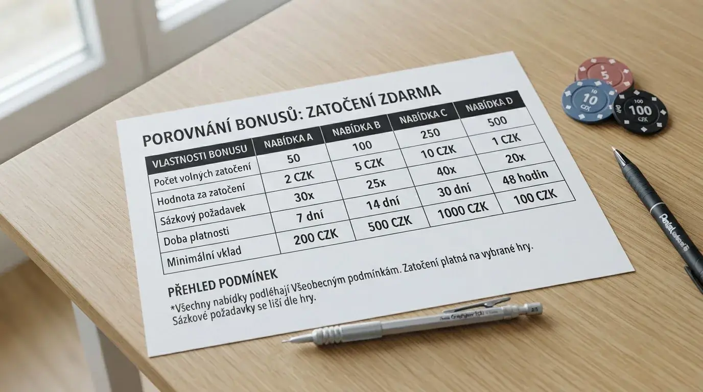 Tabulkové srovnání operátorů s klíčovými parametry — počet spinů, hodnota otočky, wagering, platnost