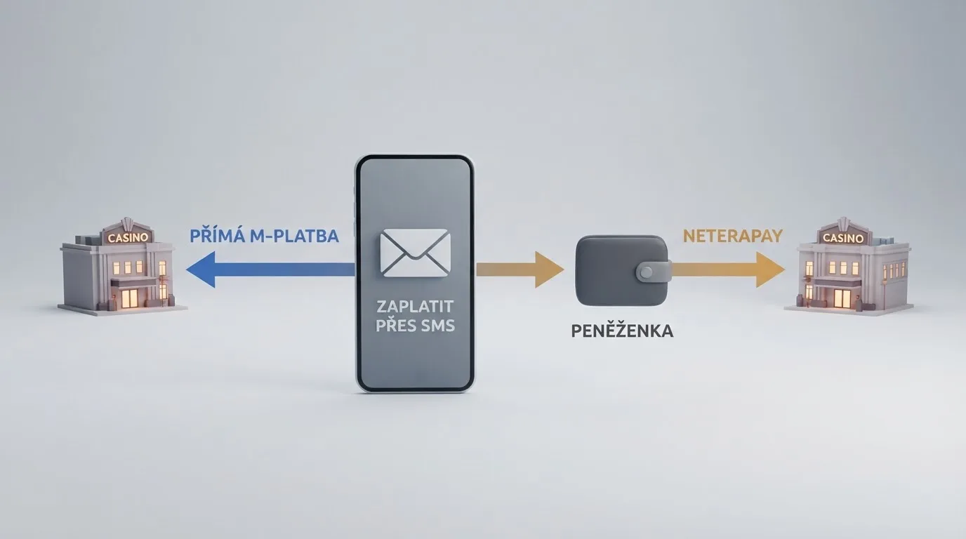 Infografika znázorňující dvě větve SMS vkladu — přímou M-platbu (telefon → 90211 → casino) a trasu přes NeteraPay (telefon → peněženka → casino)