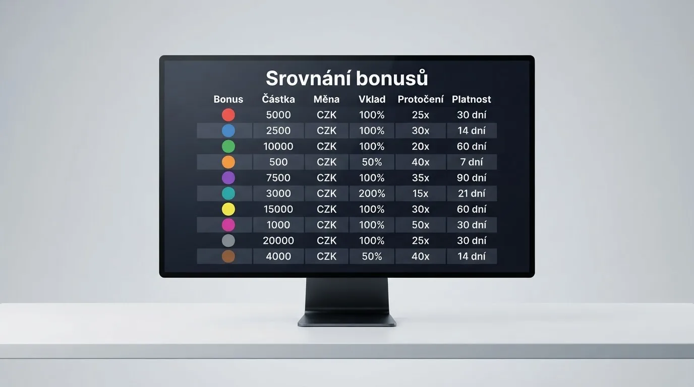 Srovnávací tabulka na monitoru s logy deseti online kasin a zvýrazněnými hodnotami registračních bonusů.