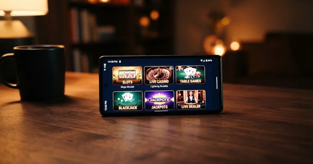 Mobilní telefon zobrazující rozhraní české casino aplikace s výběrem herních kategorií