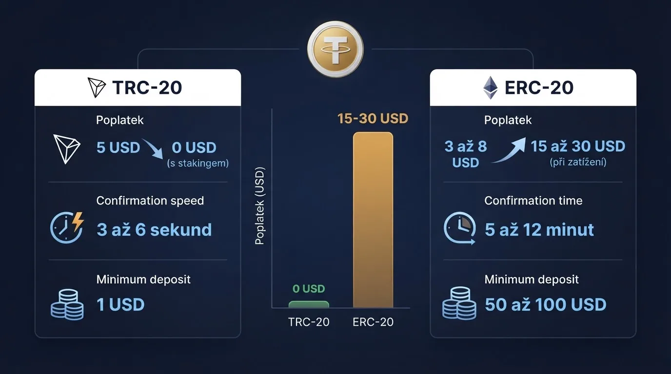 Infografika srovnávající transakční poplatky, rychlost potvrzení a minimální vklady sítí TRC-20 a ERC-20 pro USDT převody