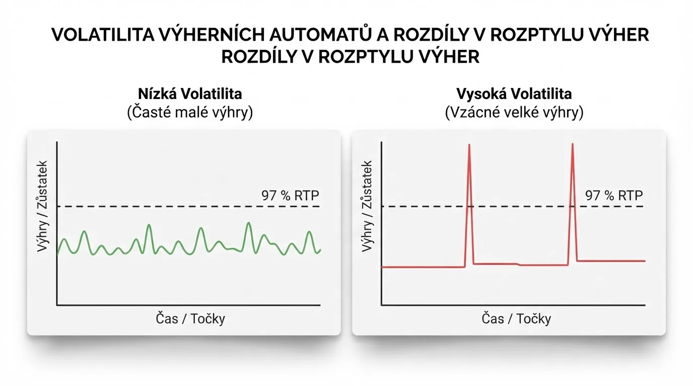 Ilustrace průběhu hry u nízkovolatilního a vysokovolatilního automatu se stejným RTP
