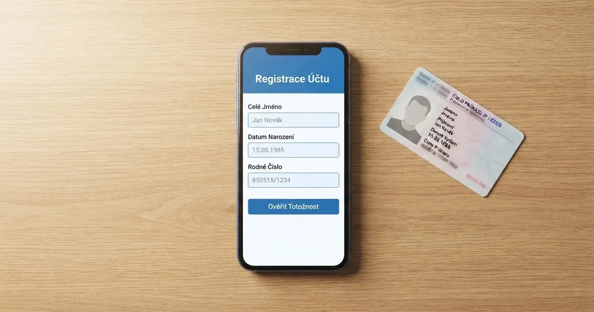 Mobilní telefon s otevřenou registrační stránkou českého online casina, na displeji formulář pro zadání osobních údajů, vedle telefonu leží občanský průkaz
