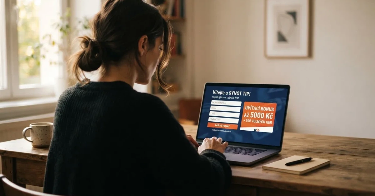 Hráč u notebooku si prohlíží registrační formulář zahraničního online casina s viditelnou nabídkou uvítacího bonusu.