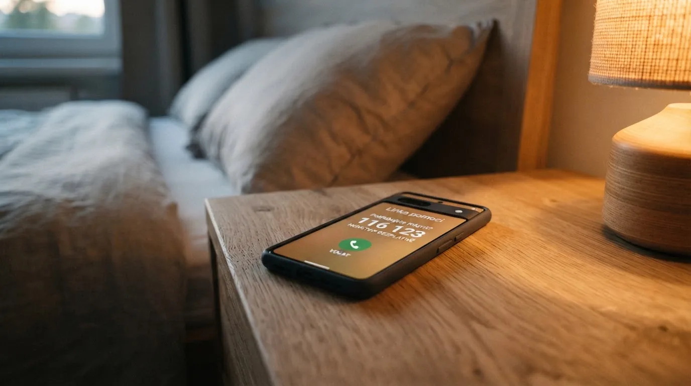 Telefon s vytočeným číslem linky pomoci na obrazovce